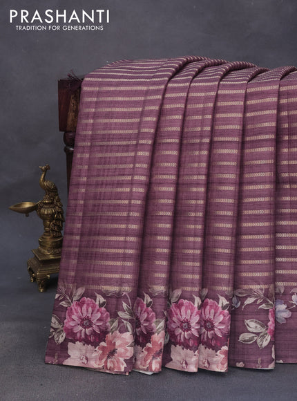 Semi tussar saree brown shade with allover zari woven stripes pattern and floral printed border