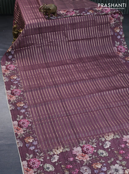 Semi tussar saree brown shade with allover zari woven stripes pattern and floral printed border