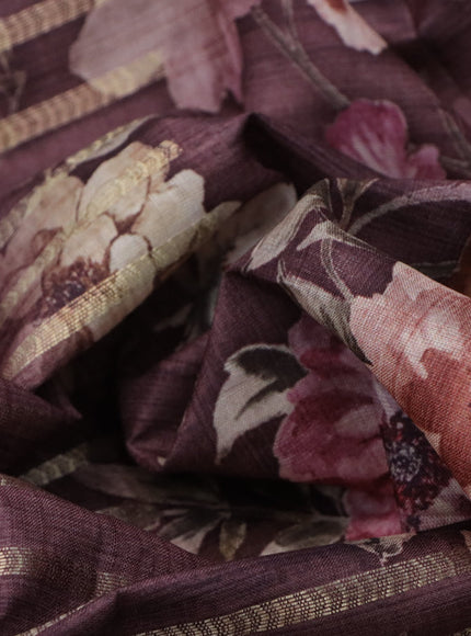 Semi tussar saree brown shade with allover zari woven stripes pattern and floral printed border