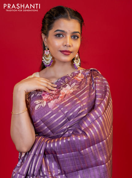 Semi tussar saree deep purple with allover zari woven stripes pattern and floral printed border