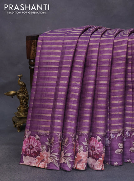 Semi tussar saree deep purple with allover zari woven stripes pattern and floral printed border