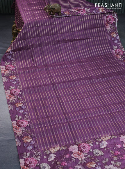 Semi tussar saree deep purple with allover zari woven stripes pattern and floral printed border