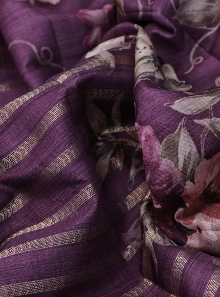 Semi tussar saree deep purple with allover zari woven stripes pattern and floral printed border