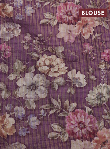 Semi tussar saree deep purple with allover zari woven stripes pattern and floral printed border