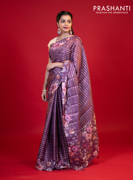 Semi tussar saree deep purple with allover zari woven stripes pattern and floral printed border