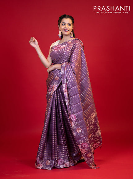 Semi tussar saree deep purple with allover zari woven stripes pattern and floral printed border