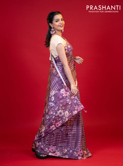 Semi tussar saree deep purple with allover zari woven stripes pattern and floral printed border