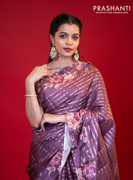 Semi tussar saree deep purple with allover zari woven stripes pattern and floral printed border