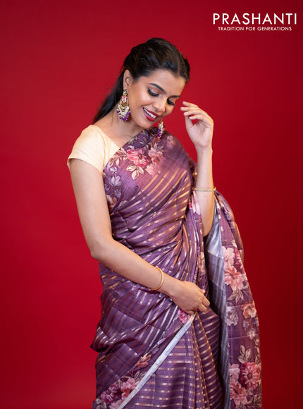 Semi tussar saree deep purple with allover zari woven stripes pattern and floral printed border