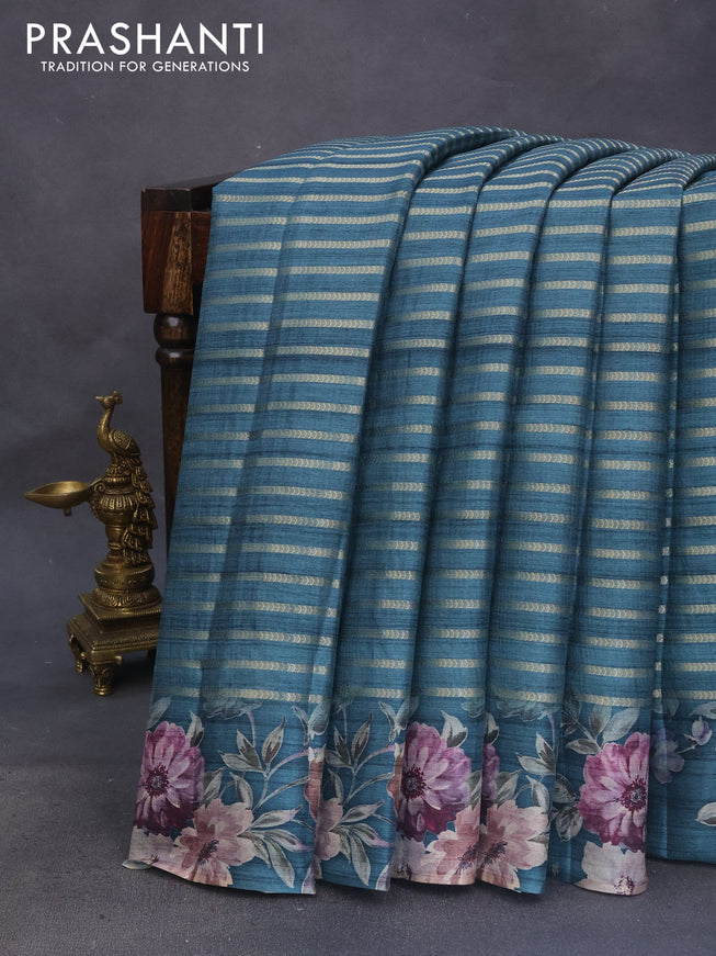 Semi tussar saree peacock green with allover zari woven stripes pattern and floral printed border