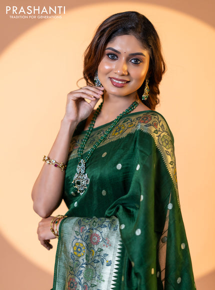 Banarasi raw silk saree green with zari woven buttas and zari woven floral design paithani border