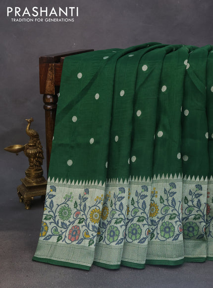 Banarasi raw silk saree green with zari woven buttas and zari woven floral design paithani border