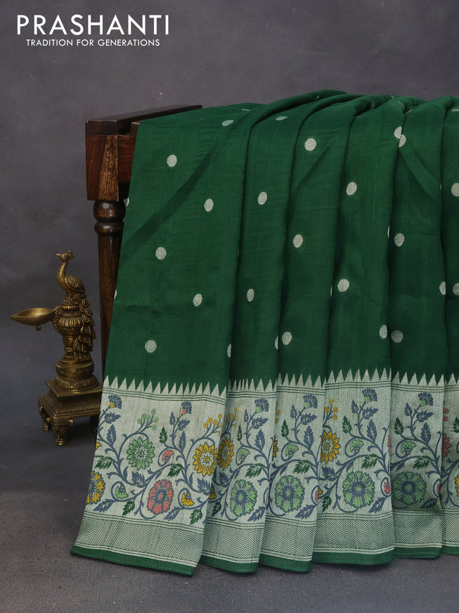 Banarasi raw silk saree green with zari woven buttas and zari woven floral design paithani border