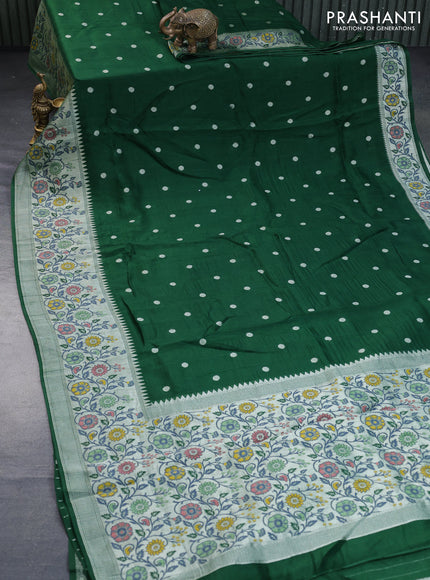 Banarasi raw silk saree green with zari woven buttas and zari woven floral design paithani border