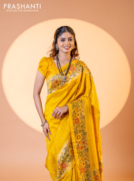 Banarasi raw silk saree mustard yellow with zari woven buttas and zari woven floral design paithani border