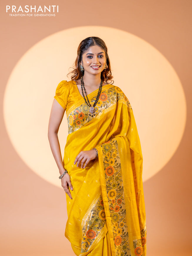 Banarasi raw silk saree mustard yellow with zari woven buttas and zari woven floral design paithani border