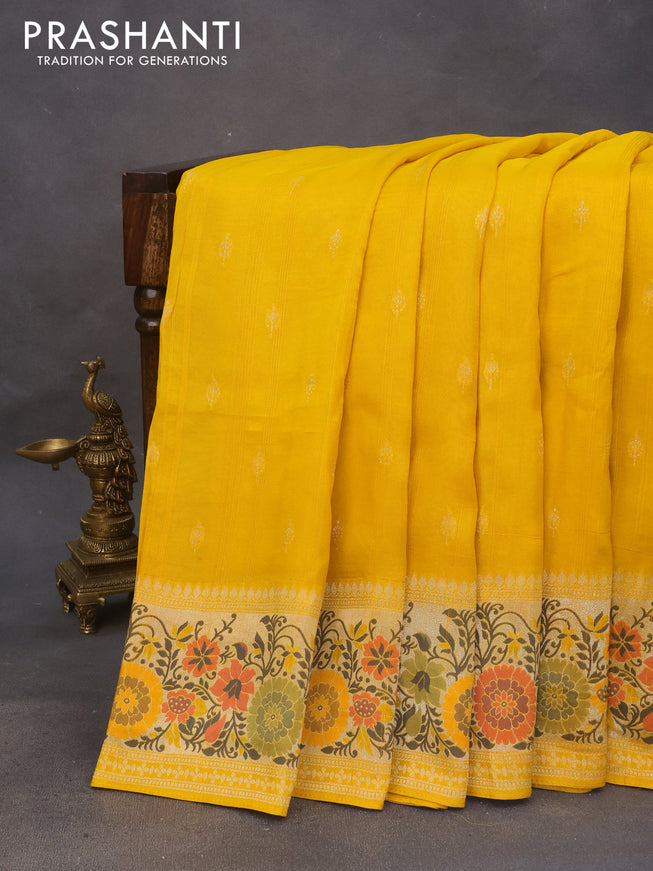 Banarasi raw silk saree mustard yellow with zari woven buttas and zari woven floral design paithani border