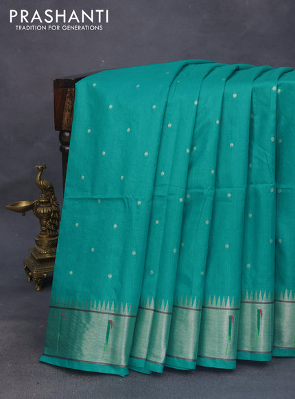 Semi tussar saree teal blue with zari woven buttas & paithani weaves and zari woven muniya butta border