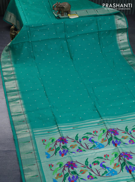 Semi tussar saree teal blue with zari woven buttas & paithani weaves and zari woven muniya butta border