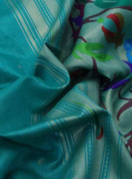 Semi tussar saree teal blue with zari woven buttas & paithani weaves and zari woven muniya butta border