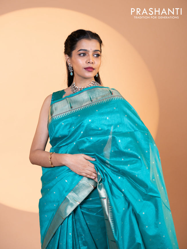 Semi tussar saree teal blue with zari woven buttas & paithani weaves and zari woven muniya butta border