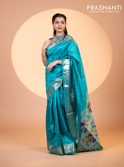 Semi tussar saree teal blue with zari woven buttas & paithani weaves and zari woven muniya butta border