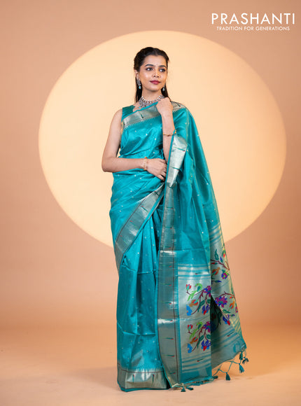 Semi tussar saree teal blue with zari woven buttas & paithani weaves and zari woven muniya butta border