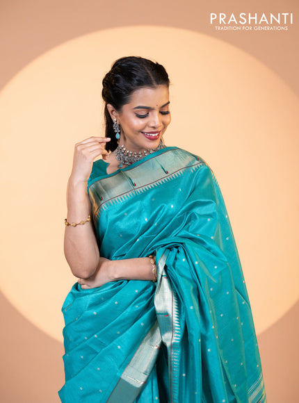 Semi tussar saree teal blue with zari woven buttas & paithani weaves and zari woven muniya butta border