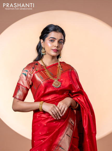 Semi tussar saree red with zari woven buttas & paithani weaves and zari woven muniya butta border