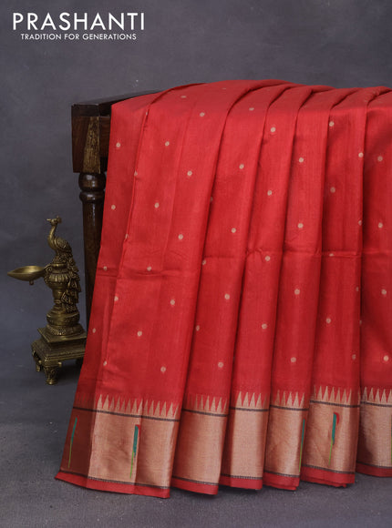 Semi tussar saree red with zari woven buttas & paithani weaves and zari woven muniya butta border