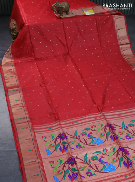 Semi tussar saree red with zari woven buttas & paithani weaves and zari woven muniya butta border