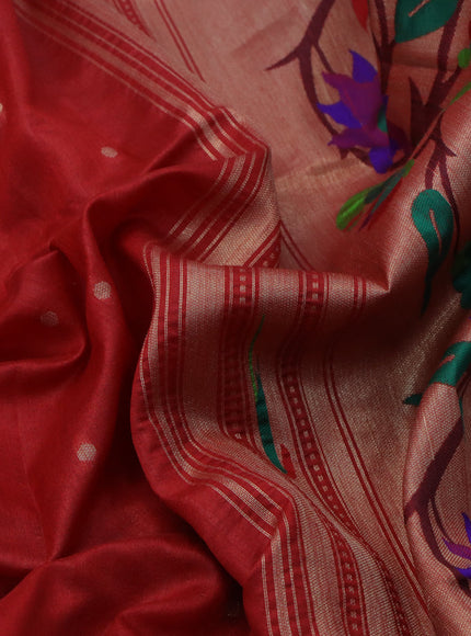 Semi tussar saree red with zari woven buttas & paithani weaves and zari woven muniya butta border