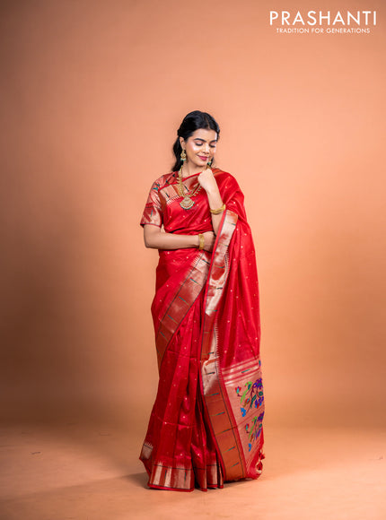 Semi tussar saree red with zari woven buttas & paithani weaves and zari woven muniya butta border