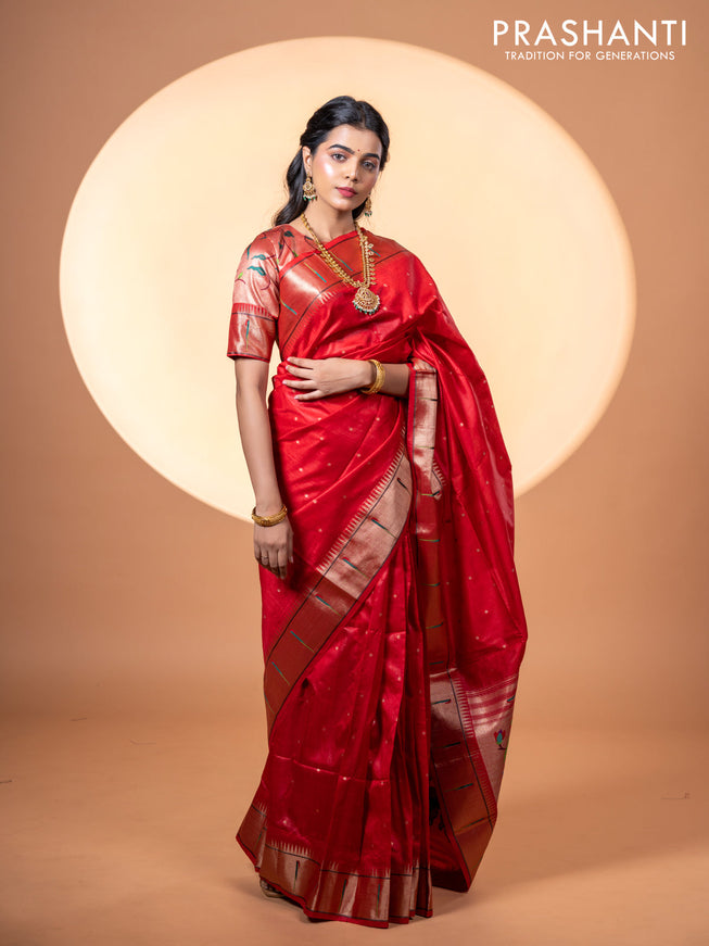 Semi tussar saree red with zari woven buttas & paithani weaves and zari woven muniya butta border