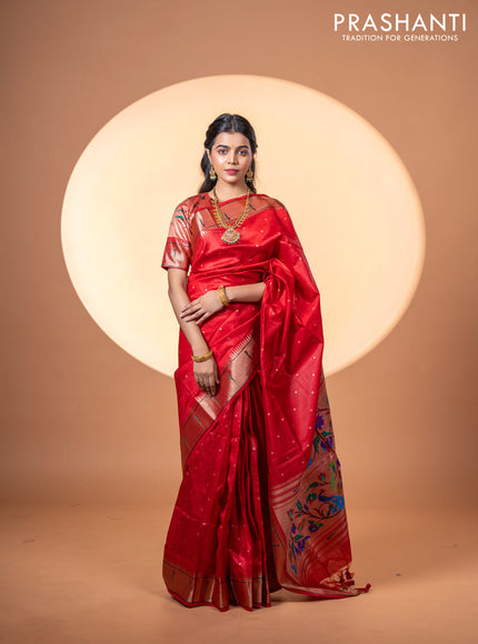 Semi tussar saree red with zari woven buttas & paithani weaves and zari woven muniya butta border