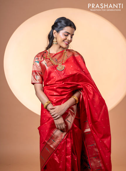 Semi tussar saree red with zari woven buttas & paithani weaves and zari woven muniya butta border