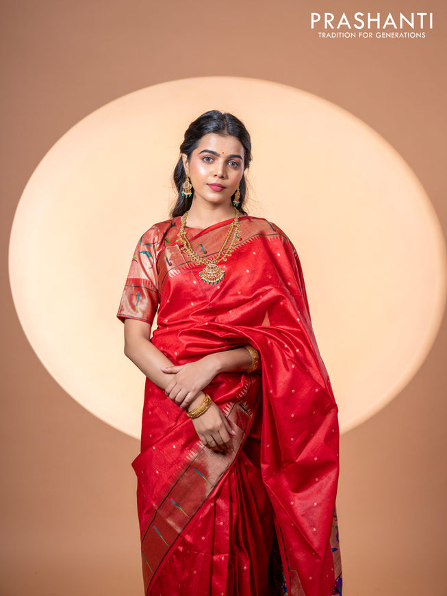 Semi tussar saree red with zari woven buttas & paithani weaves and zari woven muniya butta border