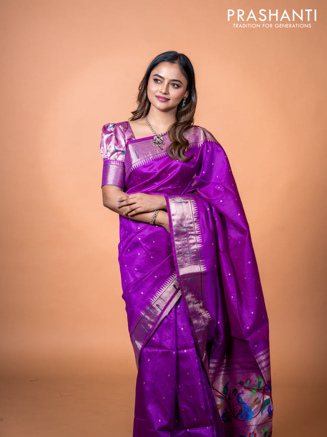 Semi tussar saree purple with zari woven buttas & paithani weaves and zari woven muniya butta border