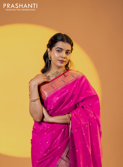 Semi tussar saree pink with zari woven buttas & paithani weaves and zari woven muniya butta border