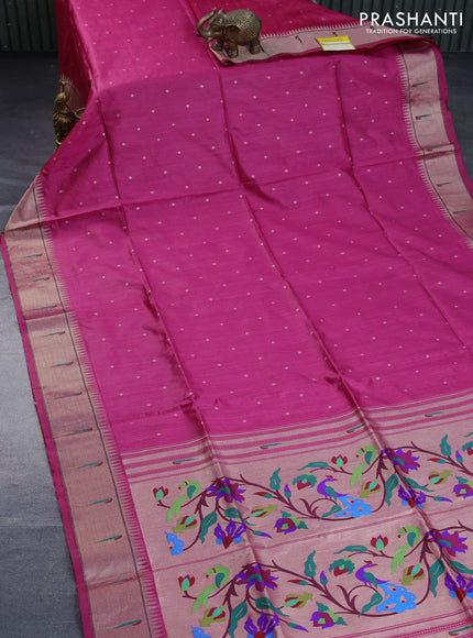 Semi tussar saree pink with zari woven buttas & paithani weaves and zari woven muniya butta border