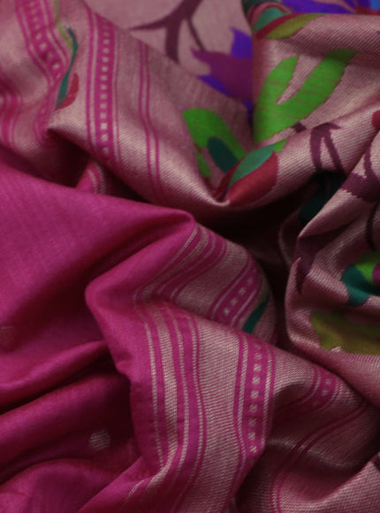 Semi tussar saree pink with zari woven buttas & paithani weaves and zari woven muniya butta border