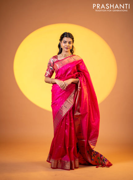 Semi tussar saree pink with zari woven buttas & paithani weaves and zari woven muniya butta border