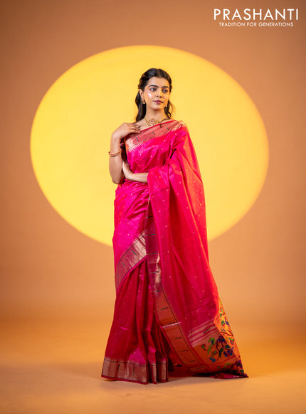 Semi tussar saree pink with zari woven buttas & paithani weaves and zari woven muniya butta border