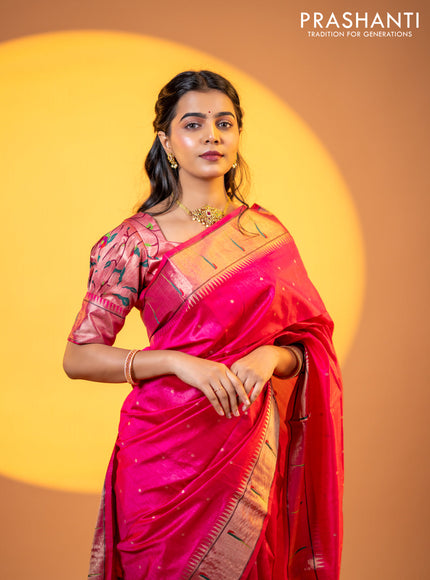 Semi tussar saree pink with zari woven buttas & paithani weaves and zari woven muniya butta border