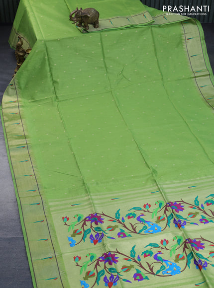 Semi tussar saree fluorescent green with zari woven buttas & paithani weaves and zari woven muniya butta border