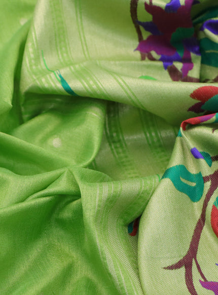 Semi tussar saree fluorescent green with zari woven buttas & paithani weaves and zari woven muniya butta border