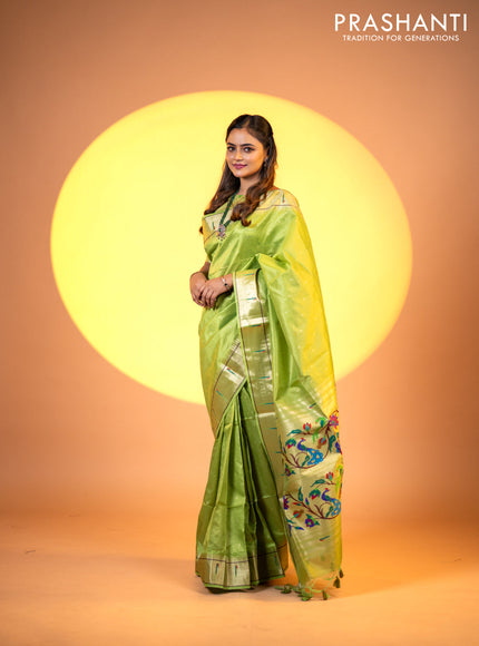 Semi tussar saree fluorescent green with zari woven buttas & paithani weaves and zari woven muniya butta border