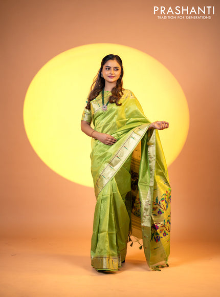 Semi tussar saree fluorescent green with zari woven buttas & paithani weaves and zari woven muniya butta border