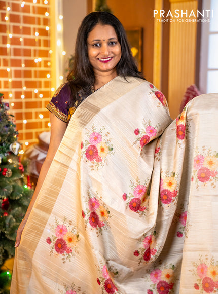 Semi matka tissue saree cream with allover floral digital prints and zari woven border