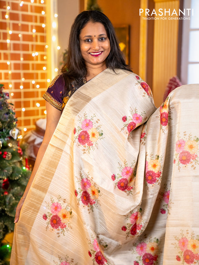 Semi matka tissue saree cream with allover floral digital prints and zari woven border